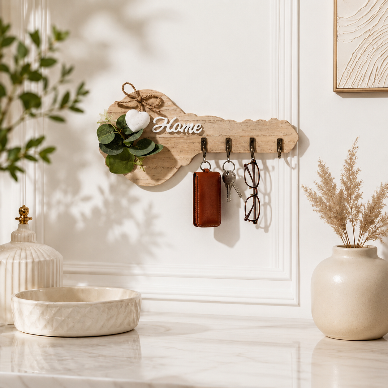 Wooden Wall Key Holder with Decorative Home Sign & 4 Hooks