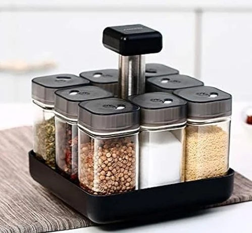 9-Piece Revolving Spice Rack — Complete Glass Set